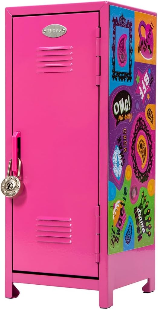 Schylling Girls Talk Pink Mini Locker - 11.25 Decorative Metal Storage Locker with 17 Mix-and-Match Magnets. Lock. and Keys - Ages 4-12